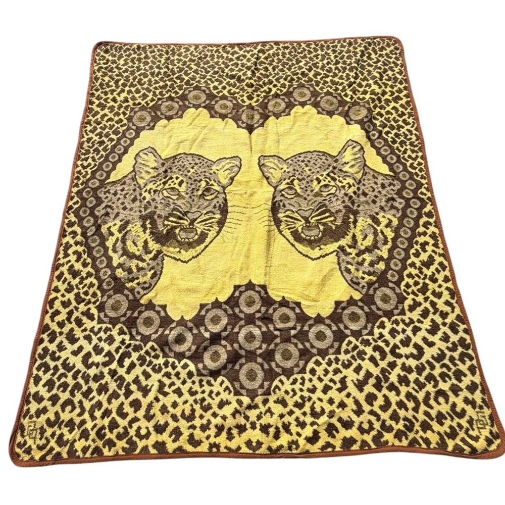 Vintage Cobertor‎ Jaguar Leopard Plush Blanket Brown Yellow Mexico 86x73 Large